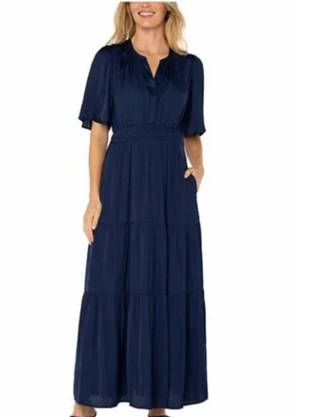 LIVERPOOL WOVEN MAXI Navy Blue Maxi Dress with V-Neck